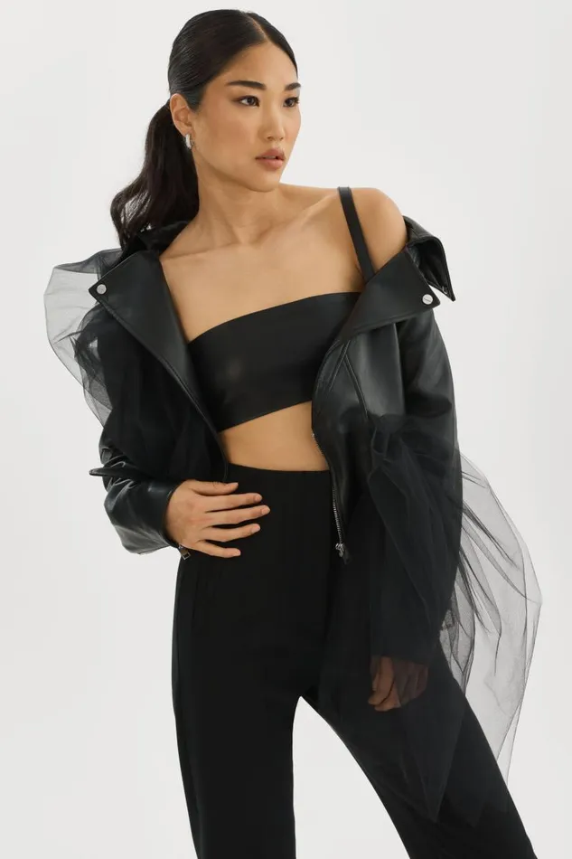 Women OBELIA Tulle and Leather Biker Jacket Black LAMARQUE Leather Jackets