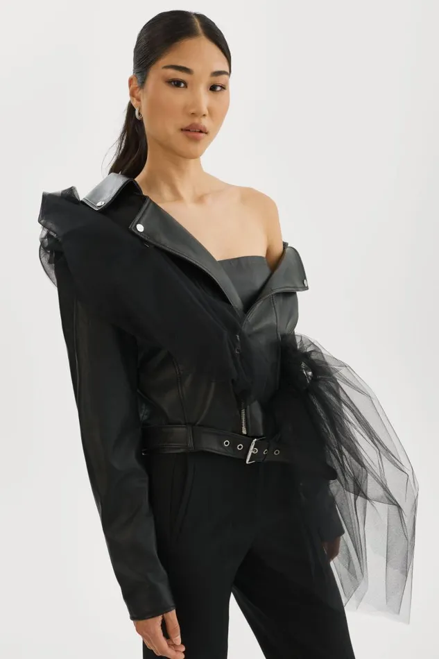 Women OBELIA Tulle and Leather Biker Jacket Black LAMARQUE Leather Jackets Women OBELIA Tulle and Leather Biker Jacket Black LAMARQUE Leather Jackets