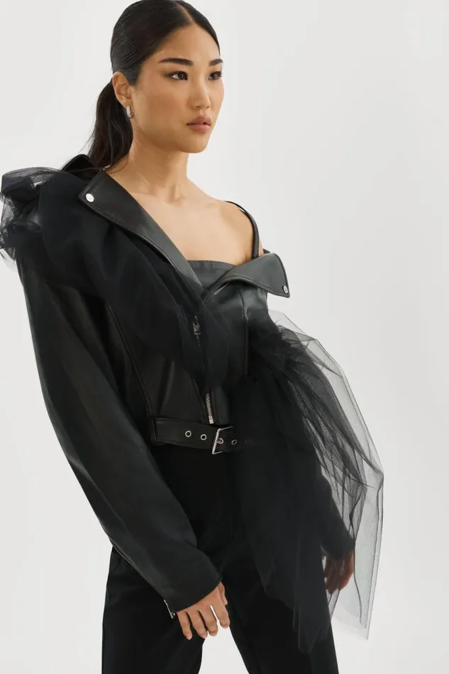 Women OBELIA Tulle and Leather Biker Jacket Black LAMARQUE Leather Jackets Women OBELIA Tulle and Leather Biker Jacket Black LAMARQUE Leather Jackets