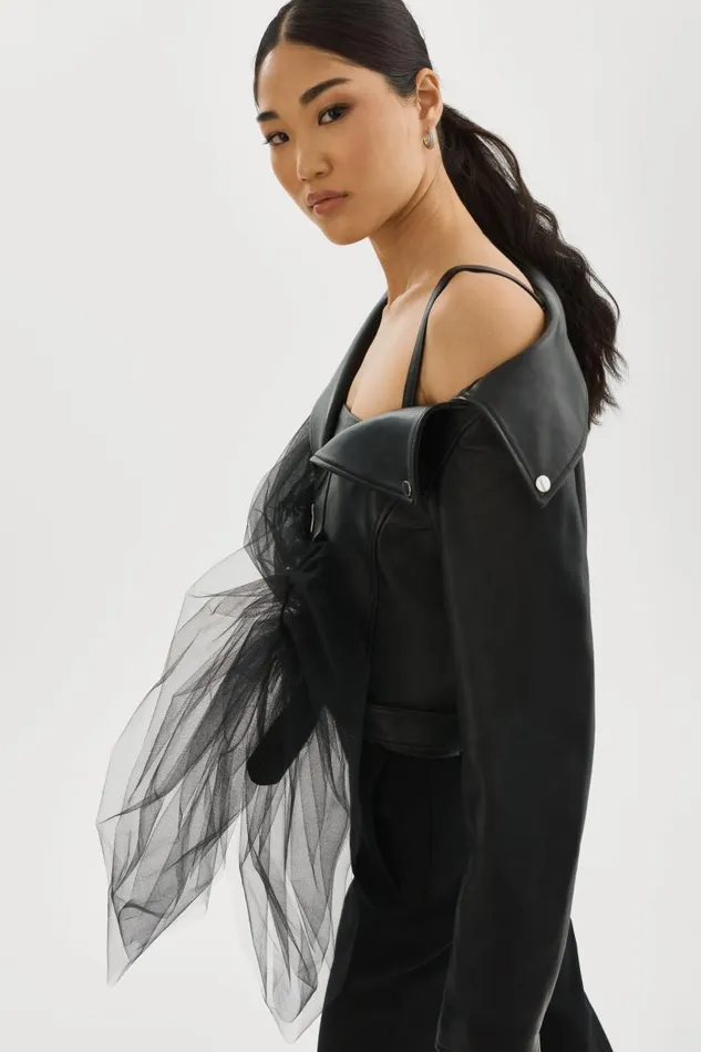 Women OBELIA Tulle and Leather Biker Jacket Black LAMARQUE Leather Jackets Women OBELIA Tulle and Leather Biker Jacket Black LAMARQUE Leather Jackets