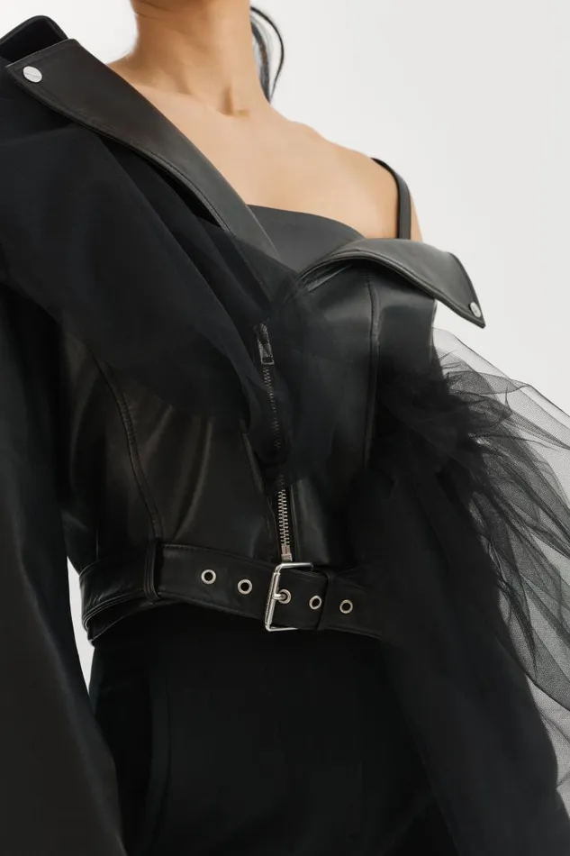 Women OBELIA Tulle and Leather Biker Jacket Black LAMARQUE Leather Jackets Women OBELIA Tulle and Leather Biker Jacket Black LAMARQUE Leather Jackets