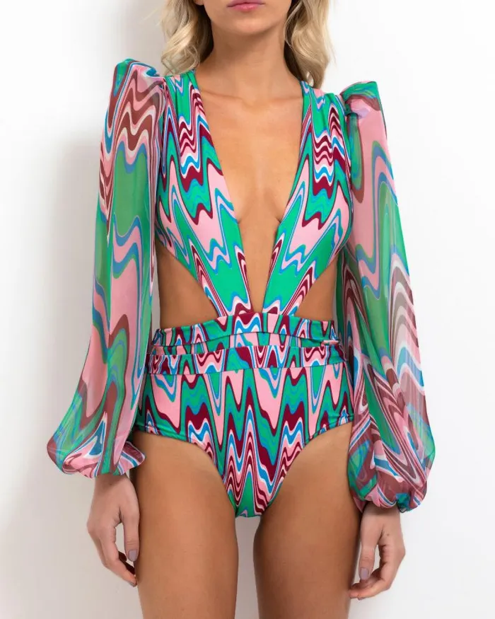 Women One Pieces PatBO Wave CutOut Bodysuit FINAL SALE Green Multi