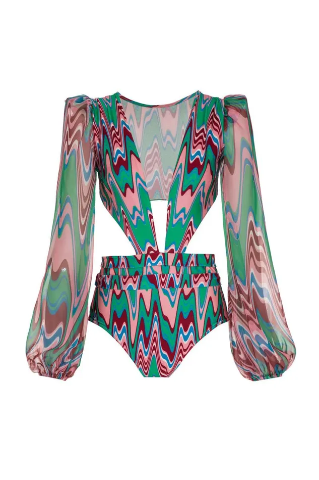 Women One Pieces PatBO Wave CutOut Bodysuit FINAL SALE Green Multi