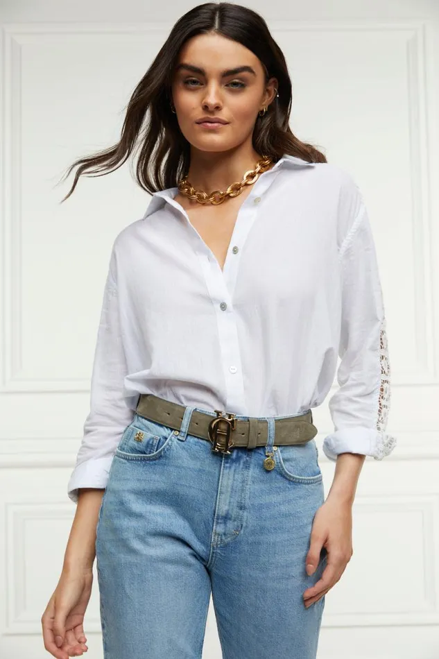 Women Oversized Cotton Lace Shirt Tick Stripe Sky Blue Holland Cooper Shirts and Blouses