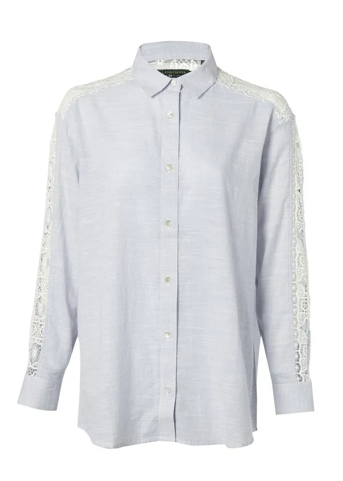 Women Oversized Cotton Lace Shirt Tick Stripe Sky Blue Holland Cooper Shirts and Blouses Women Oversized Cotton Lace Shirt Tick Stripe Sky Blue Holland Cooper Shirts and Blouses