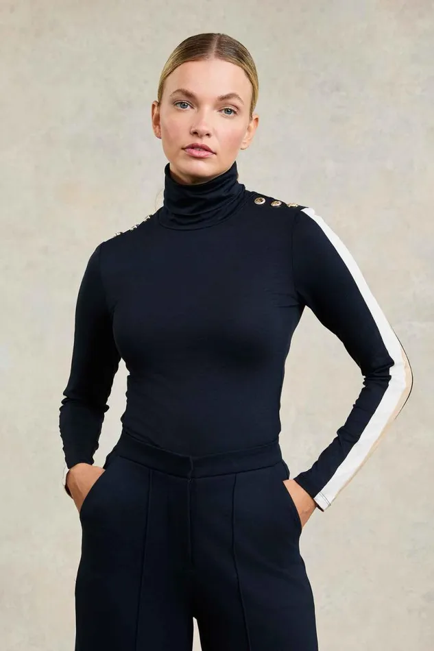 Women Panel Long Sleeve Roll Neck Navy Ecru Holland Cooper Tops Women Panel Long Sleeve Roll Neck Navy Ecru Holland Cooper Tops