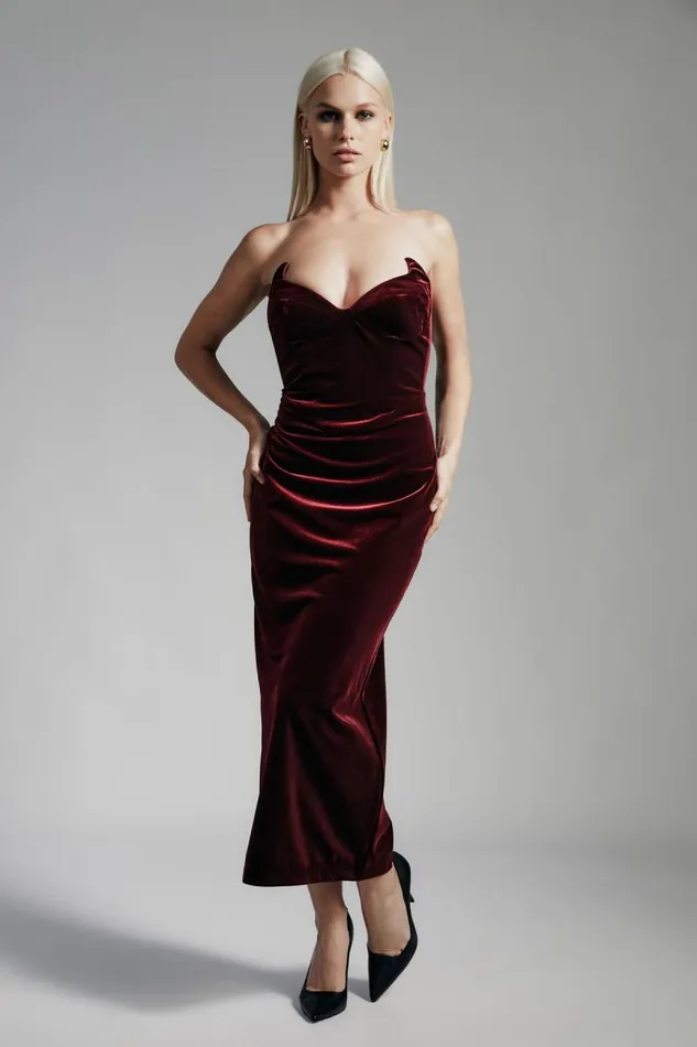 Women Party Dresses Bardot Camellia Velour Midi Dress In Burgundy Burgundy