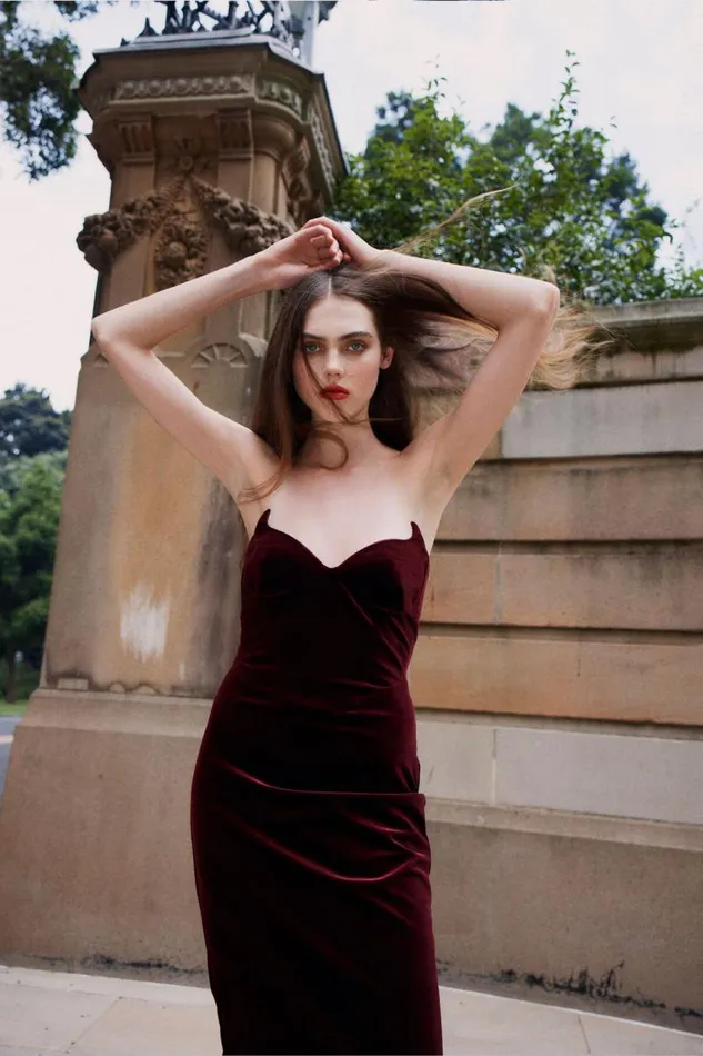 Women Party Dresses Bardot Camellia Velour Midi Dress In Burgundy Burgundy Women Party Dresses Bardot Camellia Velour Midi Dress In Burgundy Burgundy