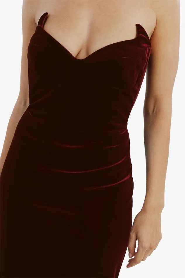 Women Party Dresses Bardot Camellia Velour Midi Dress In Burgundy Burgundy Women Party Dresses Bardot Camellia Velour Midi Dress In Burgundy Burgundy