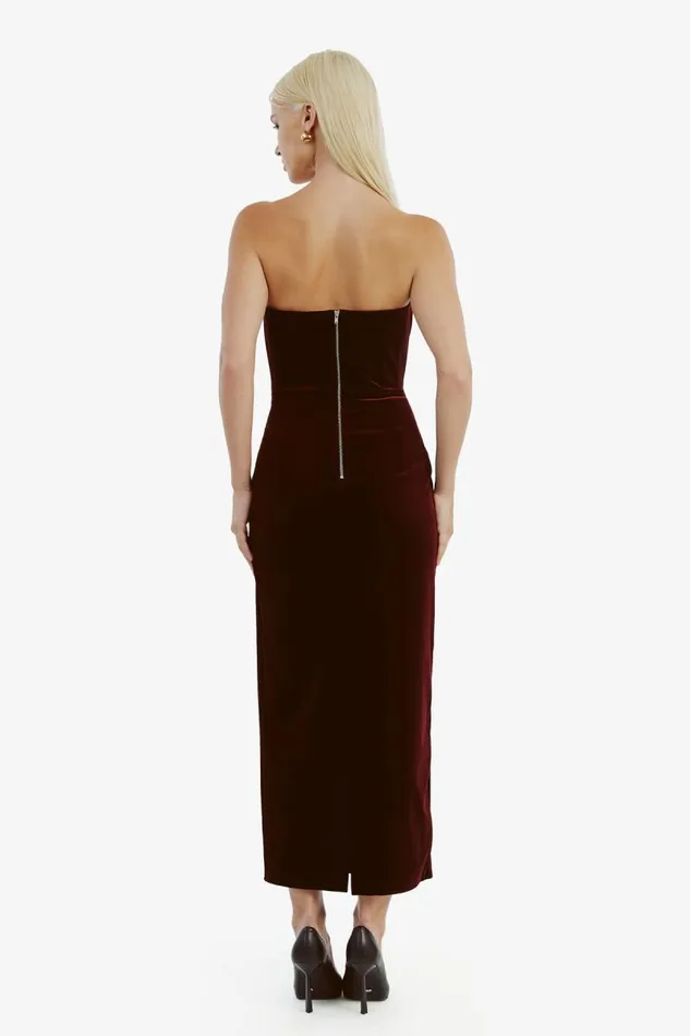 Women Party Dresses Bardot Camellia Velour Midi Dress In Burgundy Burgundy Women Party Dresses Bardot Camellia Velour Midi Dress In Burgundy Burgundy