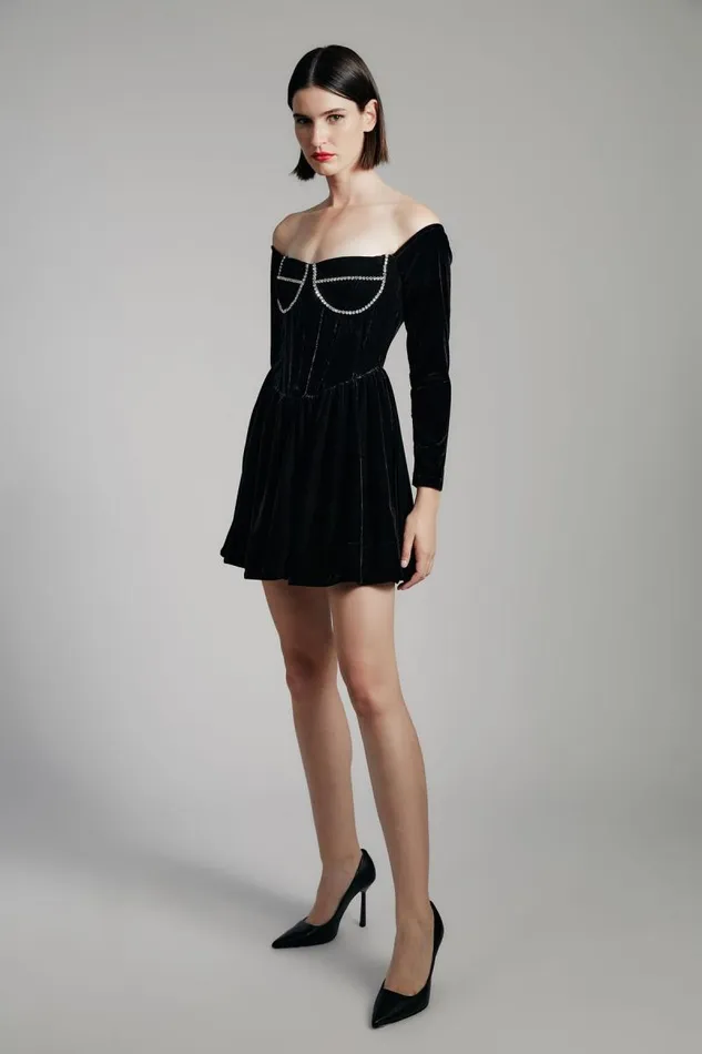 Women Party Dresses Bardot Emlyn Velour Mini Dress In Black Black