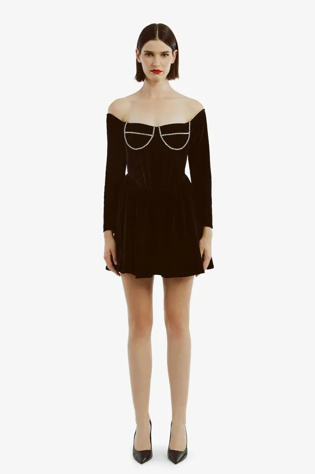 Women Party Dresses Bardot Emlyn Velour Mini Dress In Black Black Women Party Dresses Bardot Emlyn Velour Mini Dress In Black Black