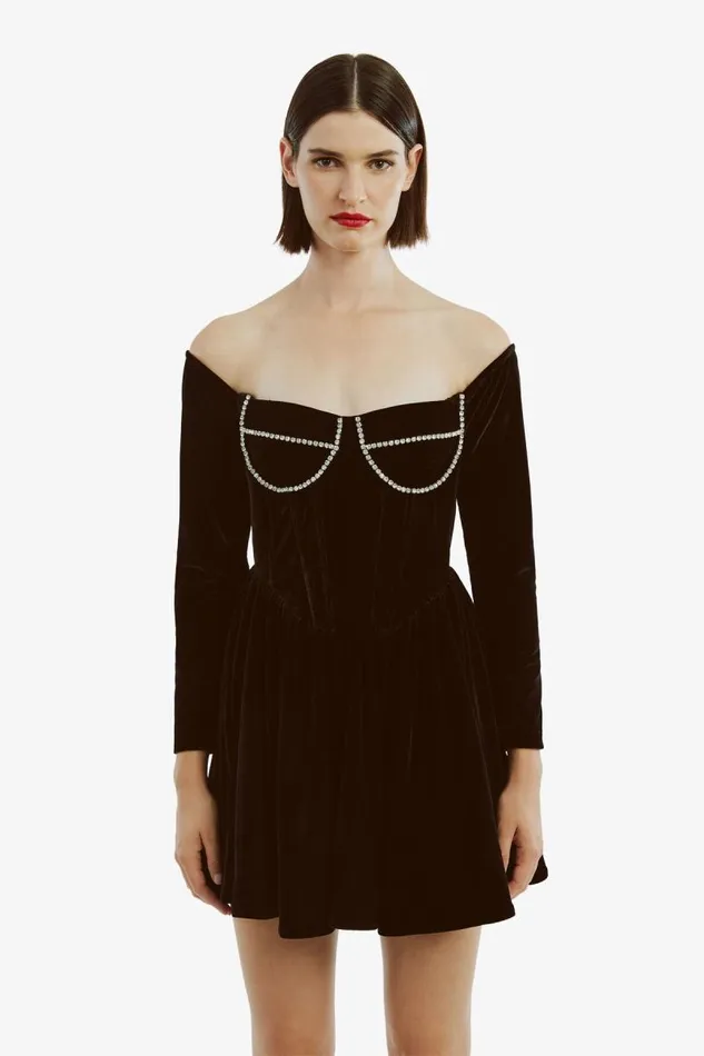 Women Party Dresses Bardot Emlyn Velour Mini Dress In Black Black Women Party Dresses Bardot Emlyn Velour Mini Dress In Black Black