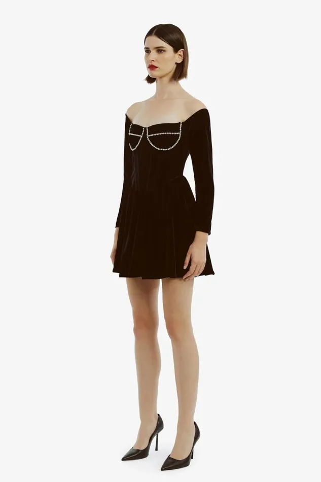 Women Party Dresses Bardot Emlyn Velour Mini Dress In Black Black Women Party Dresses Bardot Emlyn Velour Mini Dress In Black Black
