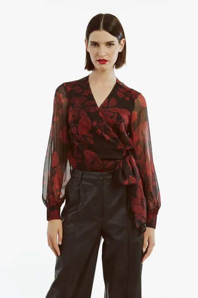 Women Party Tops Bardot Diana Wrap Top In Red Floral Red Floral Women Party Tops Bardot Diana Wrap Top In Red Floral Red Floral