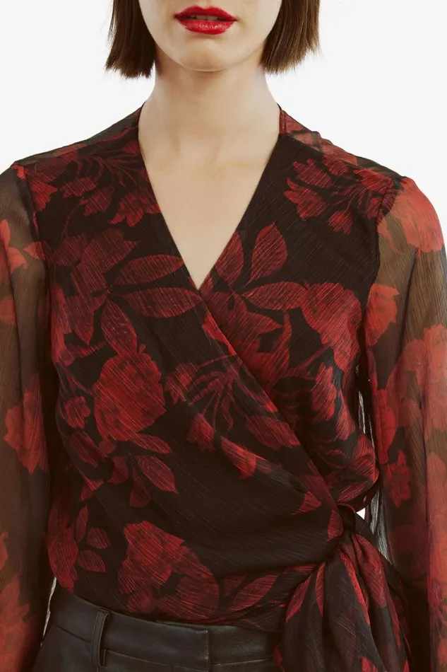 Women Party Tops Bardot Diana Wrap Top In Red Floral Red Floral Women Party Tops Bardot Diana Wrap Top In Red Floral Red Floral