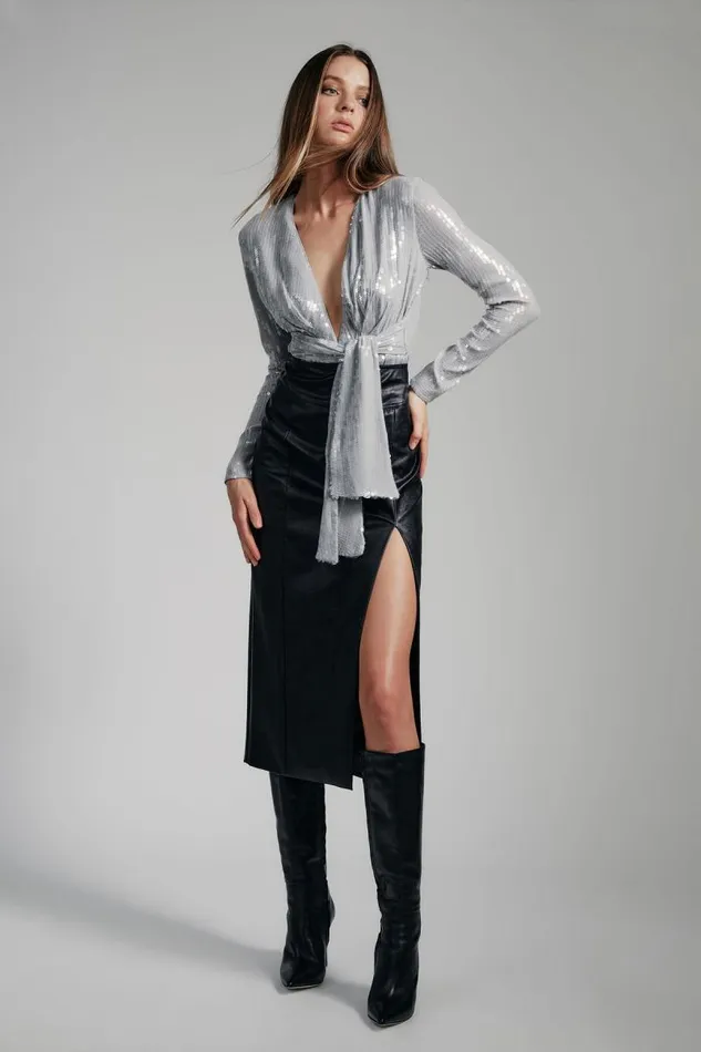 Women Party Tops Bardot Emelia Sequin Wrap Bodysuit In Dove Grey Dove Grey