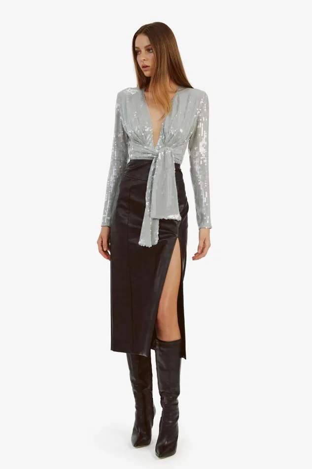 Women Party Tops Bardot Emelia Sequin Wrap Bodysuit In Dove Grey Dove Grey Women Party Tops Bardot Emelia Sequin Wrap Bodysuit In Dove Grey Dove Grey