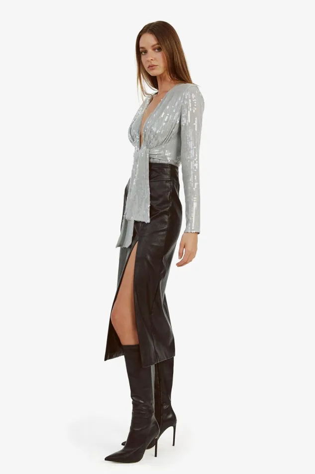 Women Party Tops Bardot Emelia Sequin Wrap Bodysuit In Dove Grey Dove Grey Women Party Tops Bardot Emelia Sequin Wrap Bodysuit In Dove Grey Dove Grey