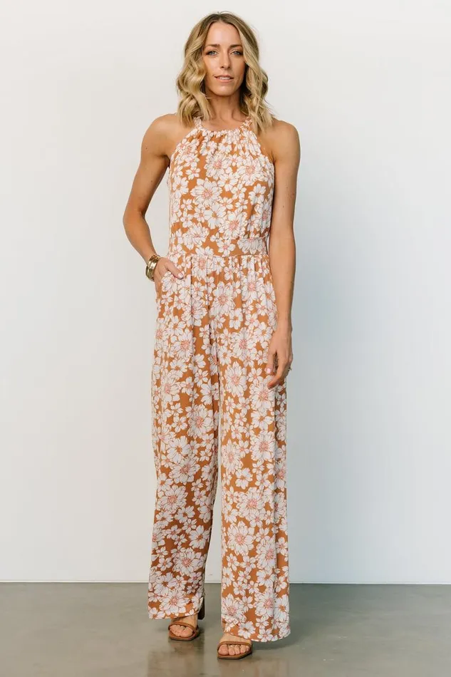 Women Porto Tie Jumpsuit Camel Floral Baltic Born Jumpsuits and Rompers