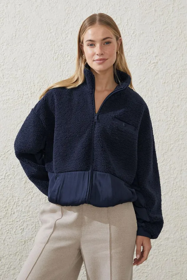 Women Puffers and Jackets Cotton On Sherpa Contrast Zip Through Long Sleeve Oceanic Navy