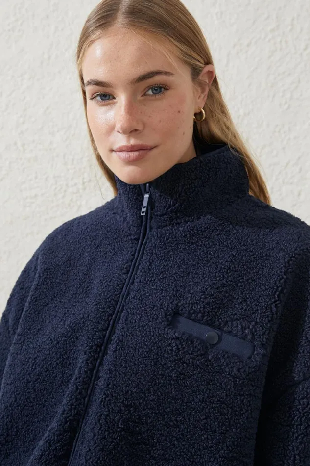 Women Puffers and Jackets Cotton On Sherpa Contrast Zip Through Long Sleeve Oceanic Navy