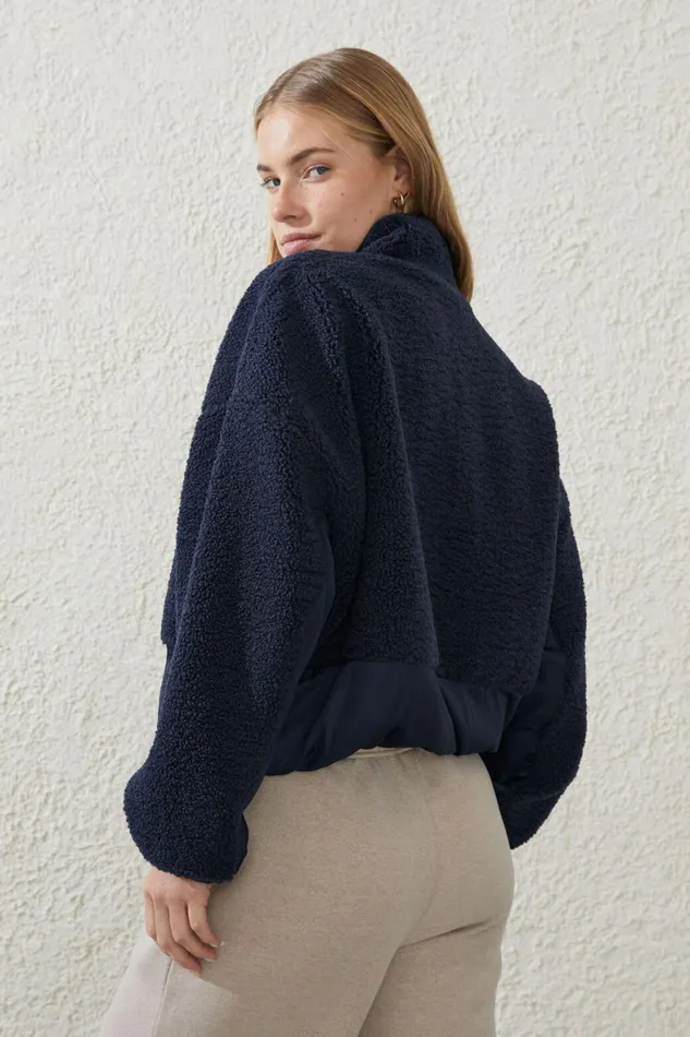 Women Puffers and Jackets Cotton On Sherpa Contrast Zip Through Long Sleeve Oceanic Navy