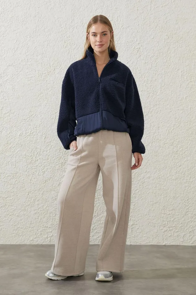 Women Puffers and Jackets Cotton On Sherpa Contrast Zip Through Long Sleeve Oceanic Navy