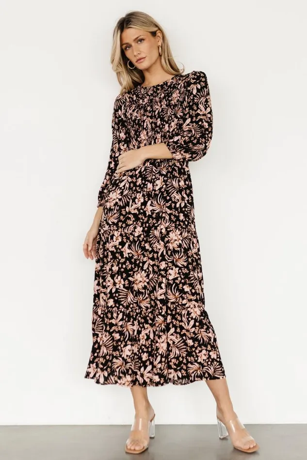 Women Rochelle Smocked Midi Dress Black Multi Floral Baltic Born Midi Dresses