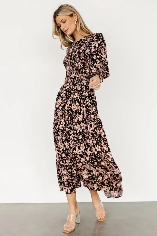 Women Rochelle Smocked Midi Dress Black Multi Floral Baltic Born Midi Dresses Women Rochelle Smocked Midi Dress Black Multi Floral Baltic Born Midi Dresses