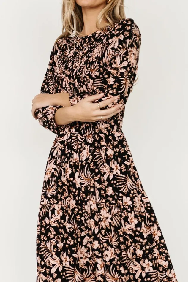 Women Rochelle Smocked Midi Dress Black Multi Floral Baltic Born Midi Dresses Women Rochelle Smocked Midi Dress Black Multi Floral Baltic Born Midi Dresses