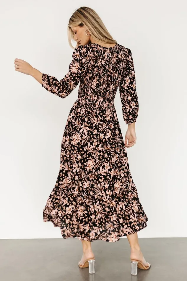 Women Rochelle Smocked Midi Dress Black Multi Floral Baltic Born Midi Dresses Women Rochelle Smocked Midi Dress Black Multi Floral Baltic Born Midi Dresses