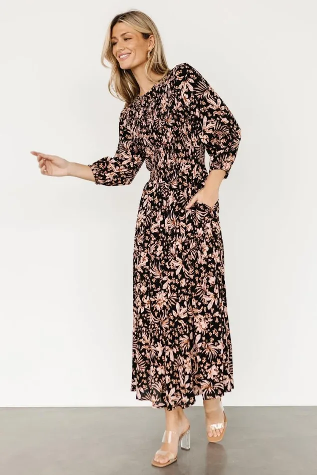 Women Rochelle Smocked Midi Dress Black Multi Floral Baltic Born Midi Dresses Women Rochelle Smocked Midi Dress Black Multi Floral Baltic Born Midi Dresses