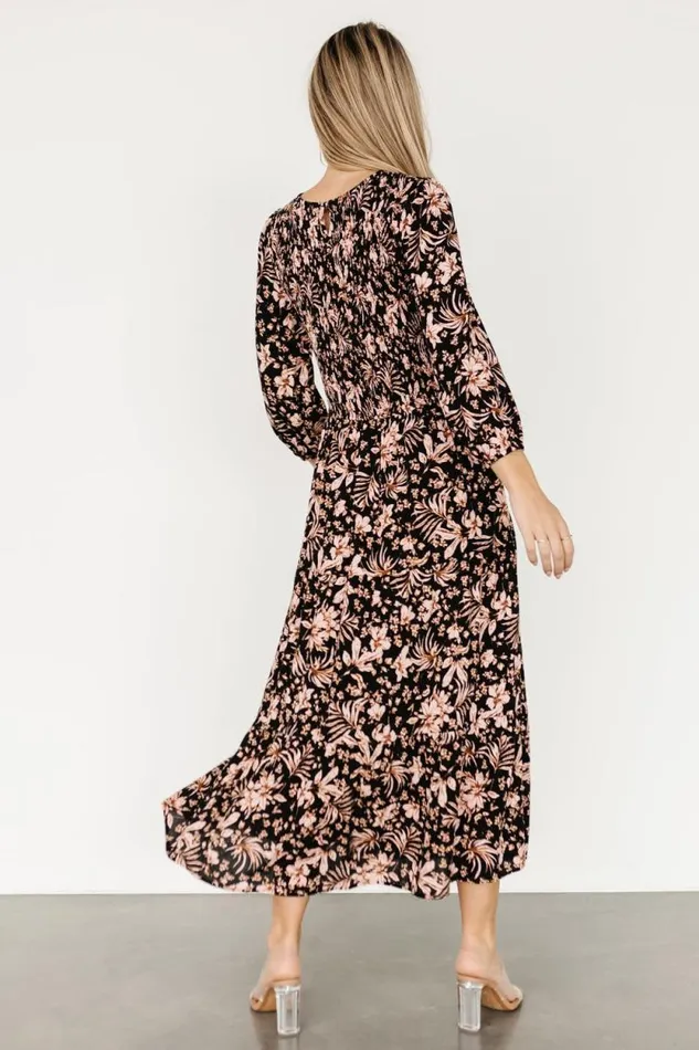 Women Rochelle Smocked Midi Dress Black Multi Floral Baltic Born Midi Dresses Women Rochelle Smocked Midi Dress Black Multi Floral Baltic Born Midi Dresses