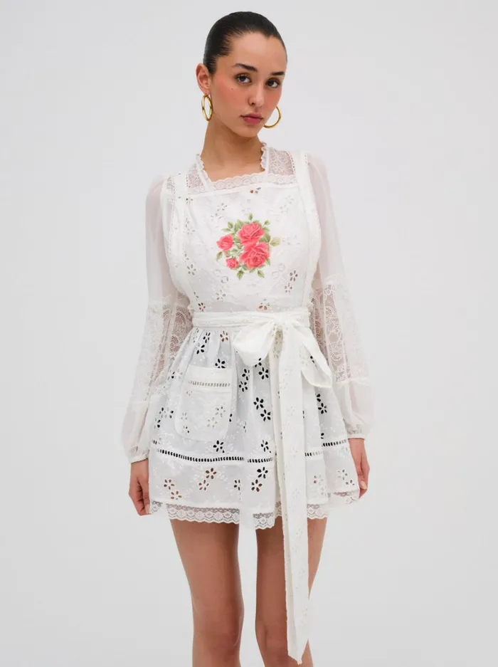 Women Rose Embroidered Apron White For Love and Lemons Tops