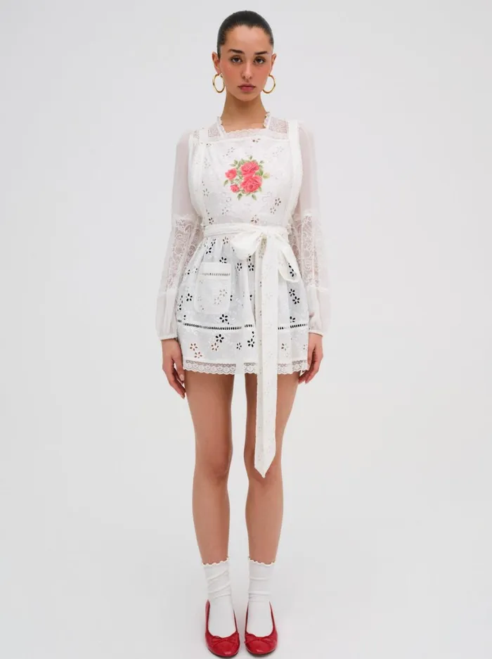 Women Rose Embroidered Apron White For Love and Lemons Tops Women Rose Embroidered Apron White For Love and Lemons Tops