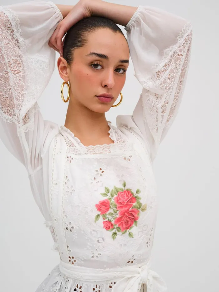 Women Rose Embroidered Apron White For Love and Lemons Tops Women Rose Embroidered Apron White For Love and Lemons Tops