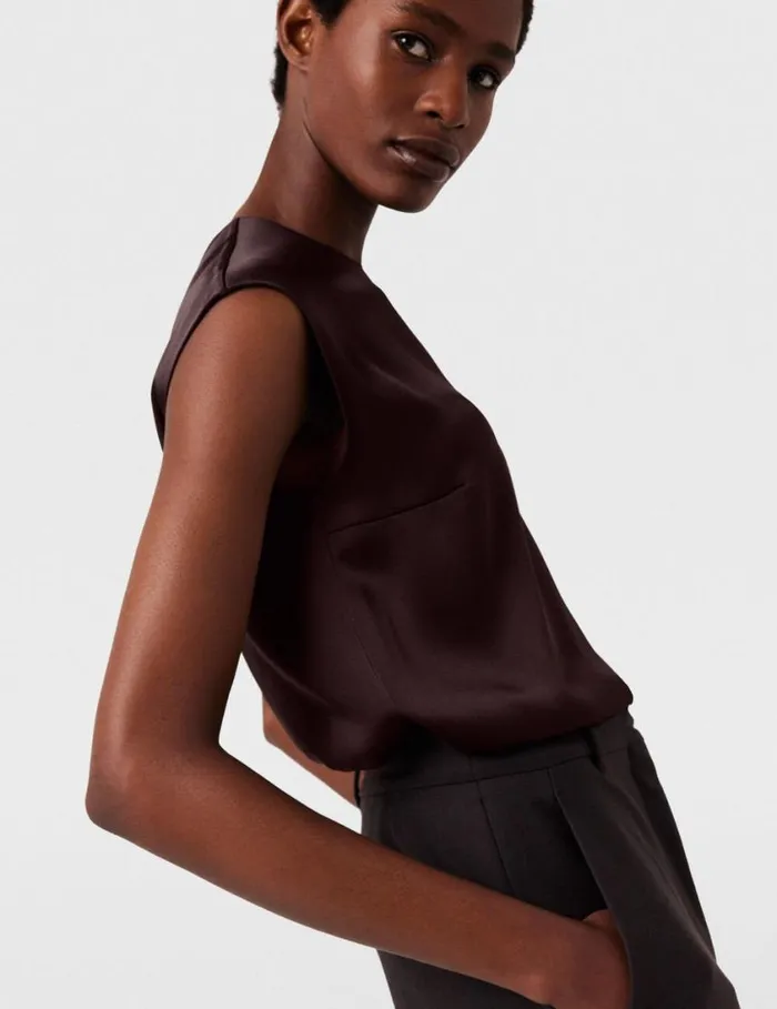 Women RoundNeck Sleeveless Satin Top Chocolate Brown Stella McCartney Shirts And Tops Women RoundNeck Sleeveless Satin Top Chocolate Brown Stella McCartney Shirts And Tops