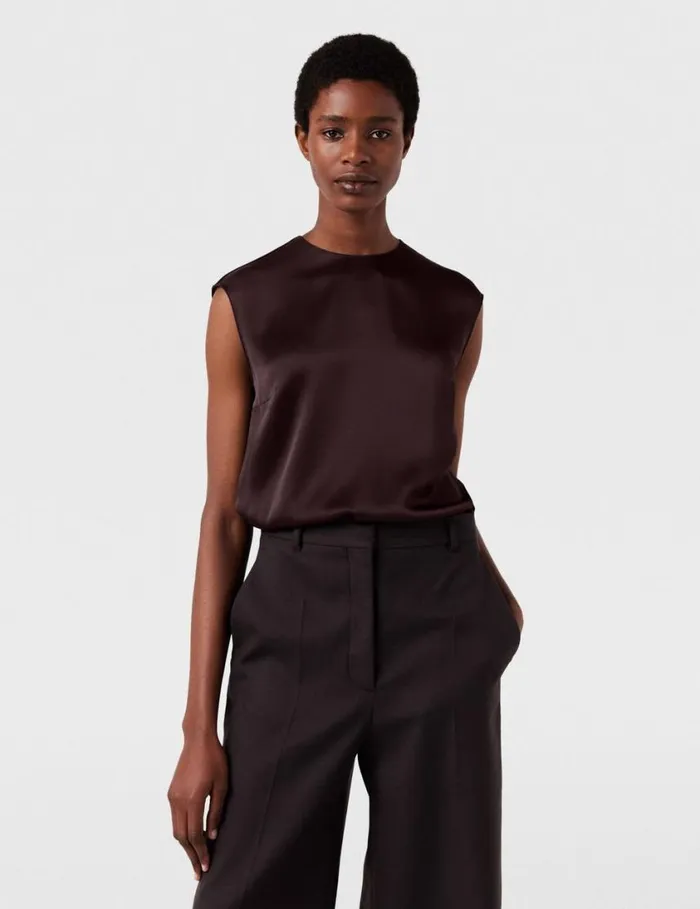 Women RoundNeck Sleeveless Satin Top Chocolate Brown Stella McCartney Shirts And Tops Women RoundNeck Sleeveless Satin Top Chocolate Brown Stella McCartney Shirts And Tops