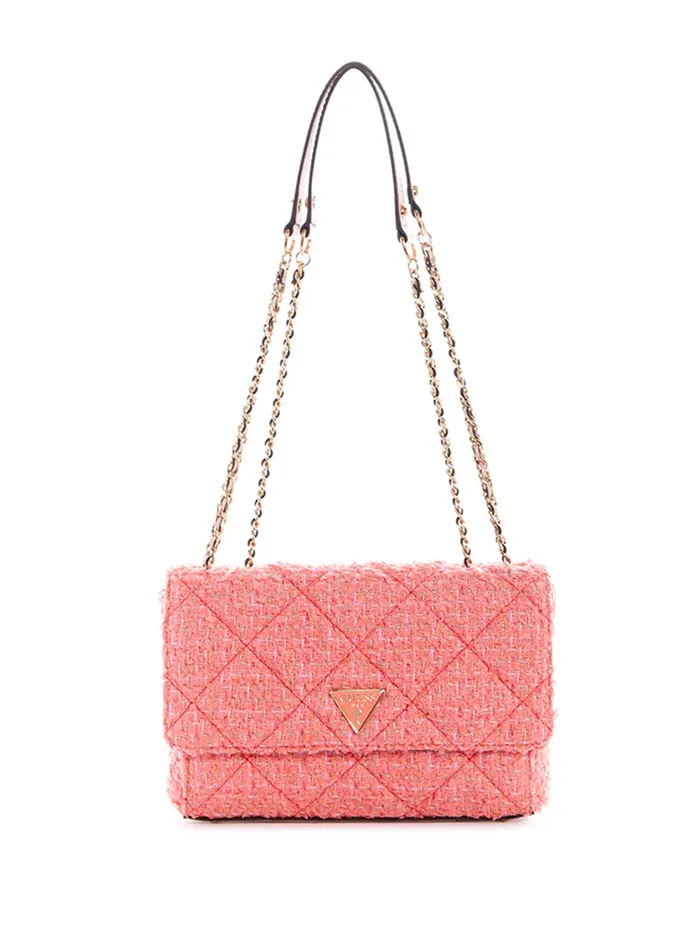 Women Satchel GUESS Coral Pink Tweed Cessily Convertible Crossbody Bag Women Satchel GUESS Coral Pink Tweed Cessily Convertible Crossbody Bag