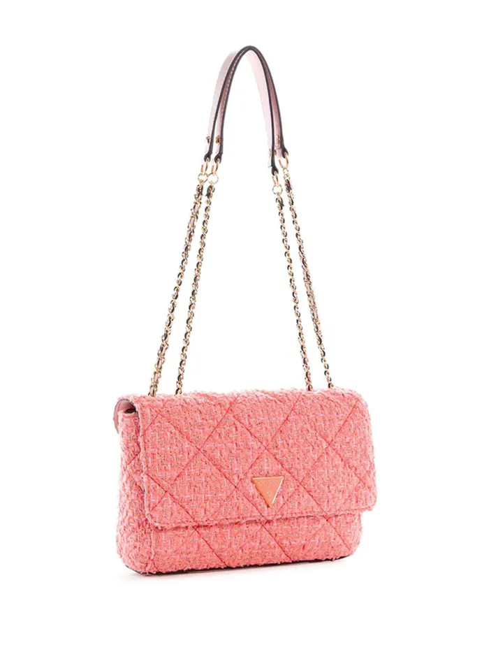 Women Satchel GUESS Coral Pink Tweed Cessily Convertible Crossbody Bag Women Satchel GUESS Coral Pink Tweed Cessily Convertible Crossbody Bag