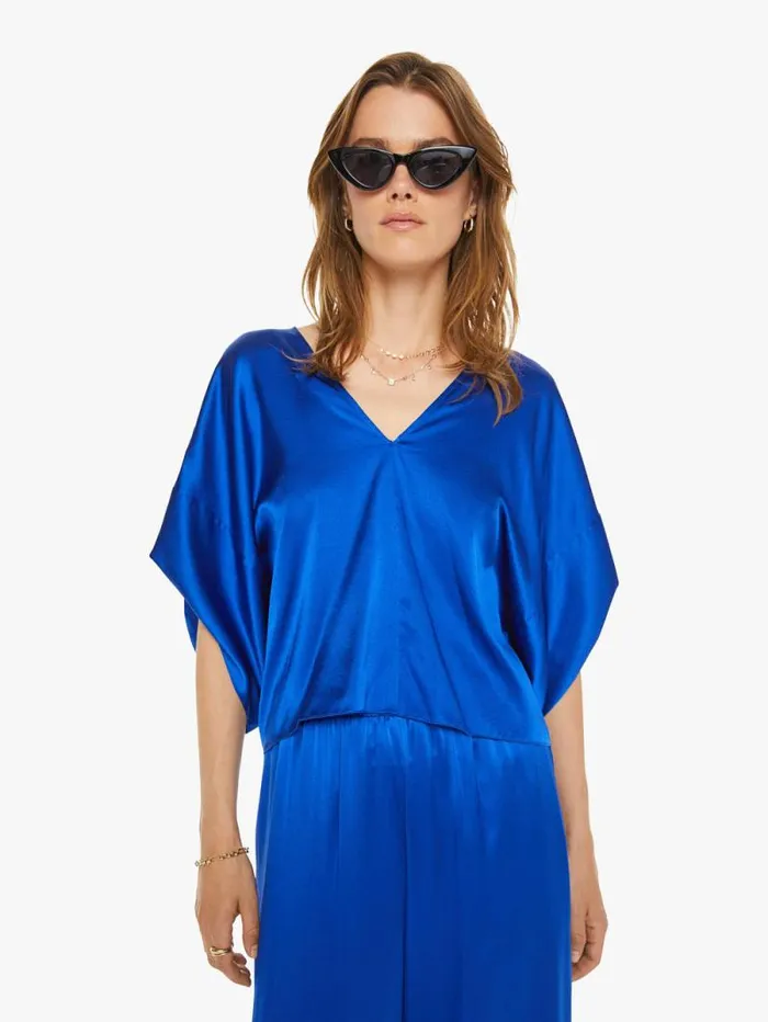 Women Shirts Mother Denim Lido VNeck Tee With Fold Back Lapis