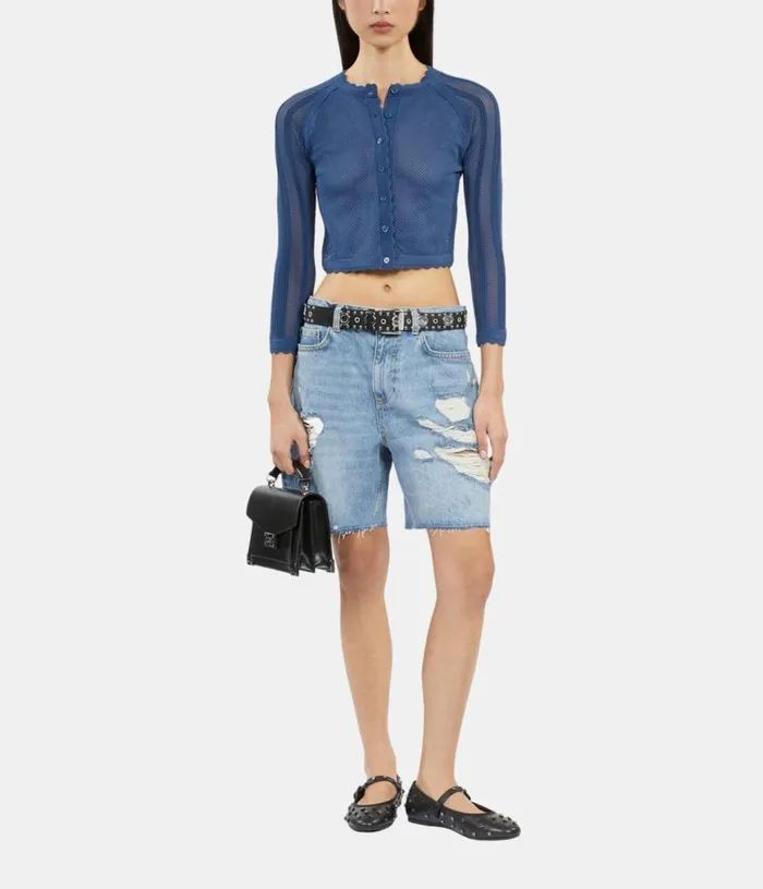 Women Short Blue Openwork Knit Cardigan THE KOOPLES Sweaters