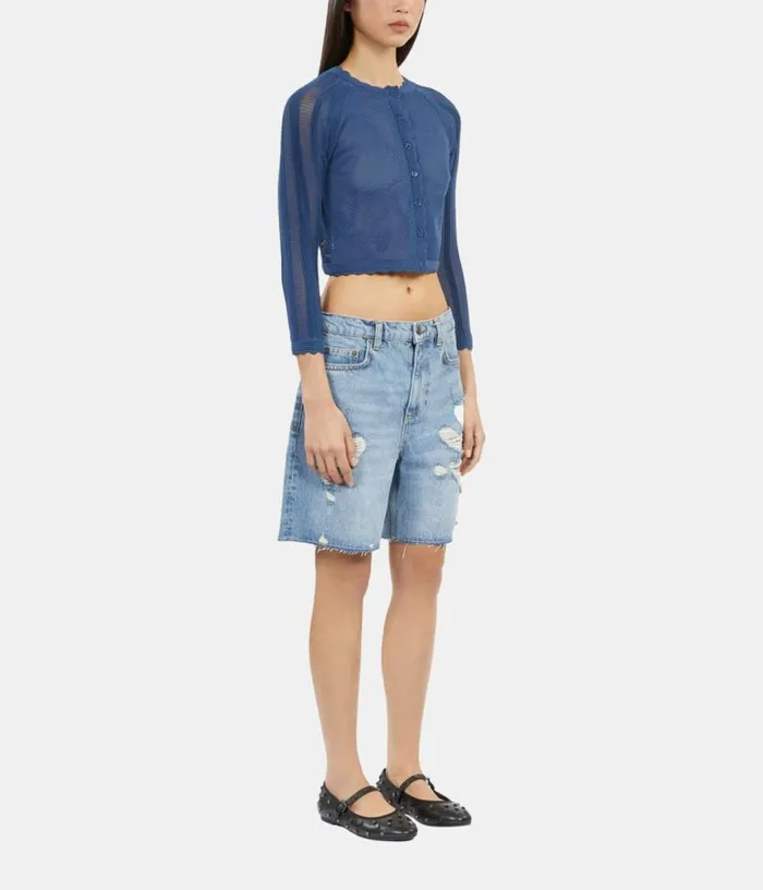Women Short Blue Openwork Knit Cardigan THE KOOPLES Sweaters
