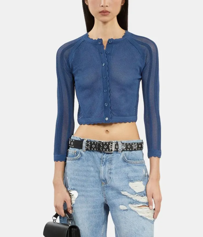 Women Short Blue Openwork Knit Cardigan THE KOOPLES Sweaters