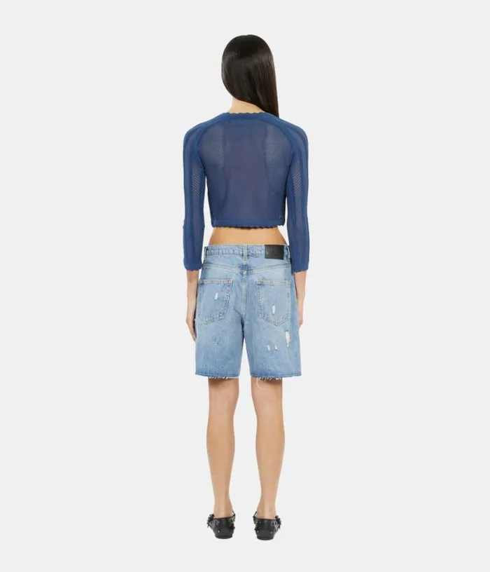 Women Short Blue Openwork Knit Cardigan THE KOOPLES Sweaters