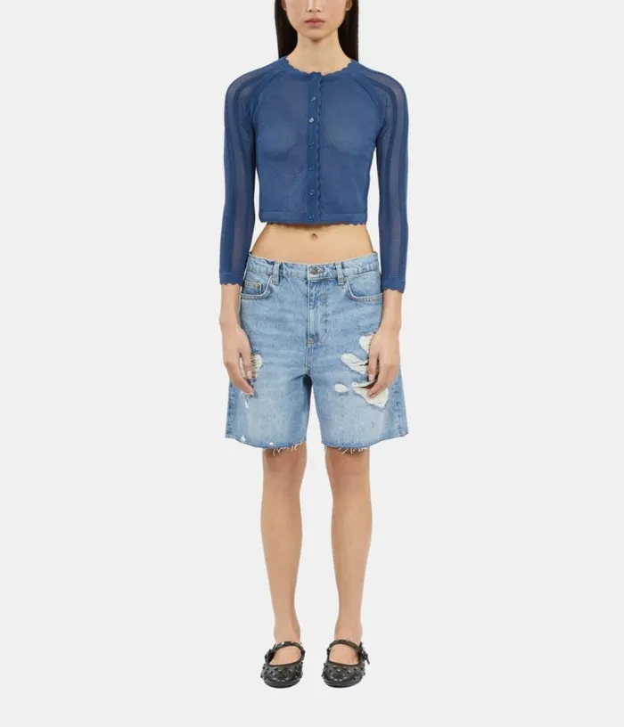 Women Short Blue Openwork Knit Cardigan THE KOOPLES Sweaters