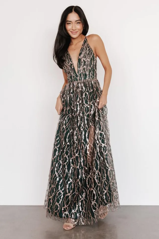 Women Silva Shimmer Gown Dark Green Rose Gold Baltic Born Embellished and Sequined Women Silva Shimmer Gown Dark Green Rose Gold Baltic Born Embellished and Sequined