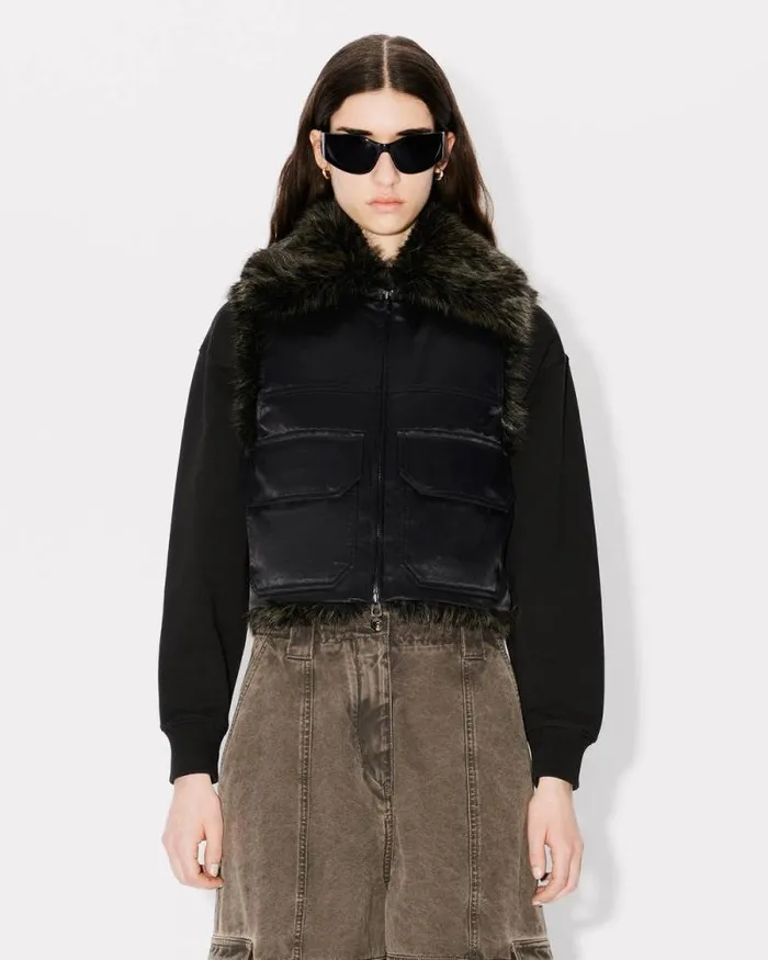 Women Sleeveless Aviator Bomber Jacket With Fake Fur Black Kenzo Jackets And Coats