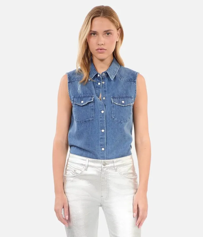 Women Sleeveless Blue Denim Shirt THE KOOPLES Blouses and Shirts